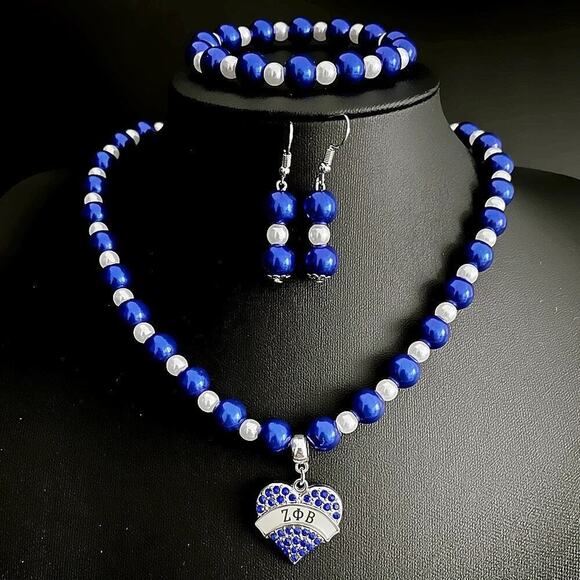Zeta Phi Beta Jewelry Set Blue and white Necklace, Bracelet and Earrings - Picture 1 of 6